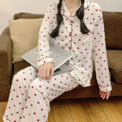 Women's Multi-Color Pajama Set with Red Hearts Print