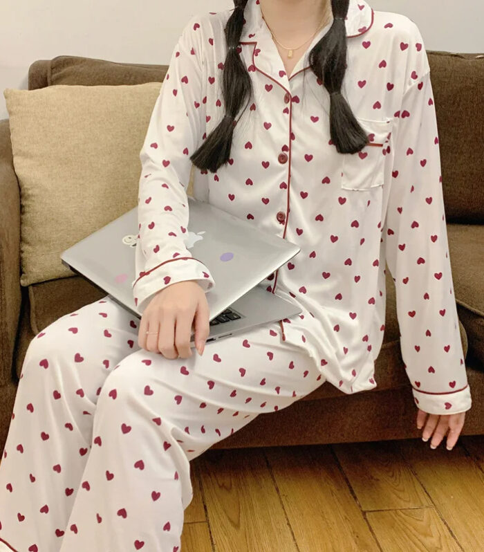 Women's Multi-Color Pajama Set with Red Hearts Print