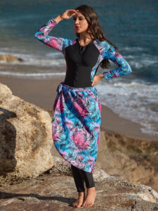 Women's Swim Burkini Set with Slim Pants, Long Sleeves, and Elegant Apron