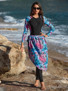 Women's Swim Burkini Set with Slim Pants, Long Sleeves, and Elegant Apron