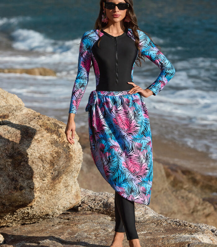 Women's Swim Burkini Set with Slim Pants, Long Sleeves, and Elegant Apron