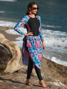 Women's Swim Burkini Set with Slim Pants, Long Sleeves, and Elegant Apron