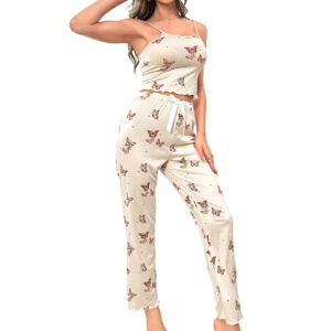 Women's White Pajama Set with Butterfly Print